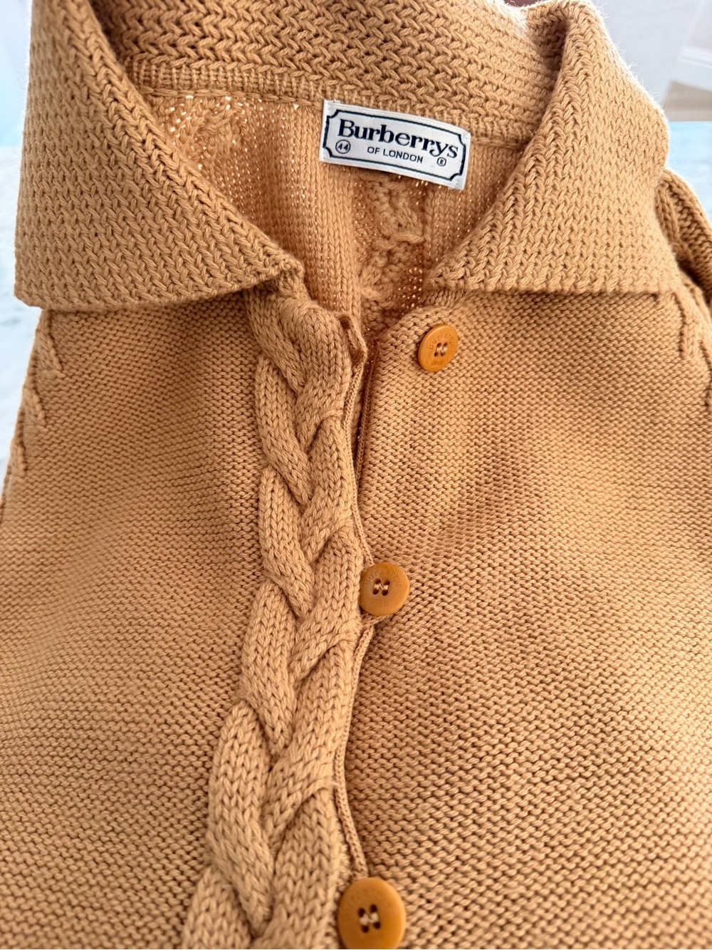 VTG Burberrys sz 44 M Camel Knit Cardigan Braided